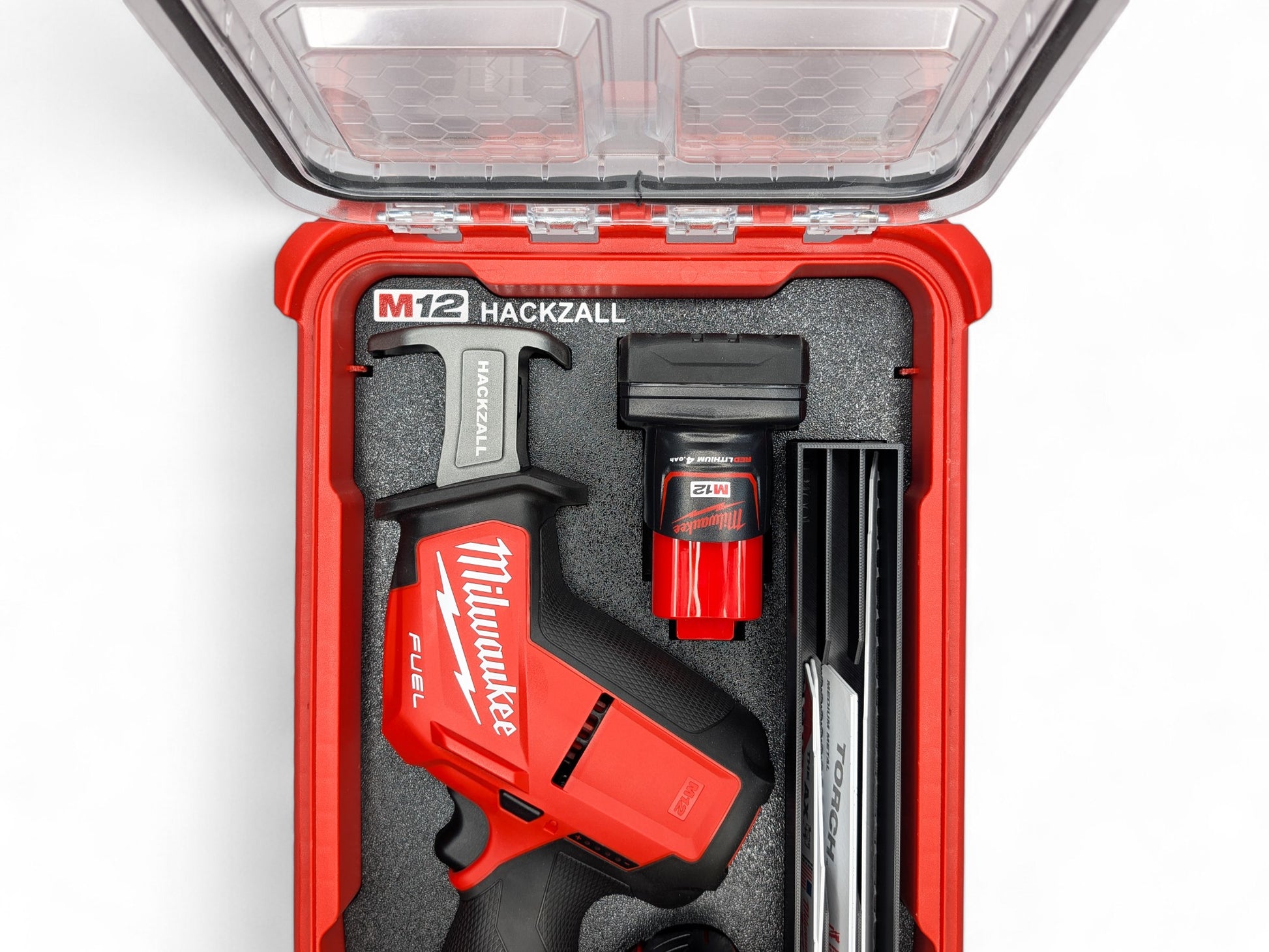 Milwaukee M12 Hackzall tool set in a red case on a white background