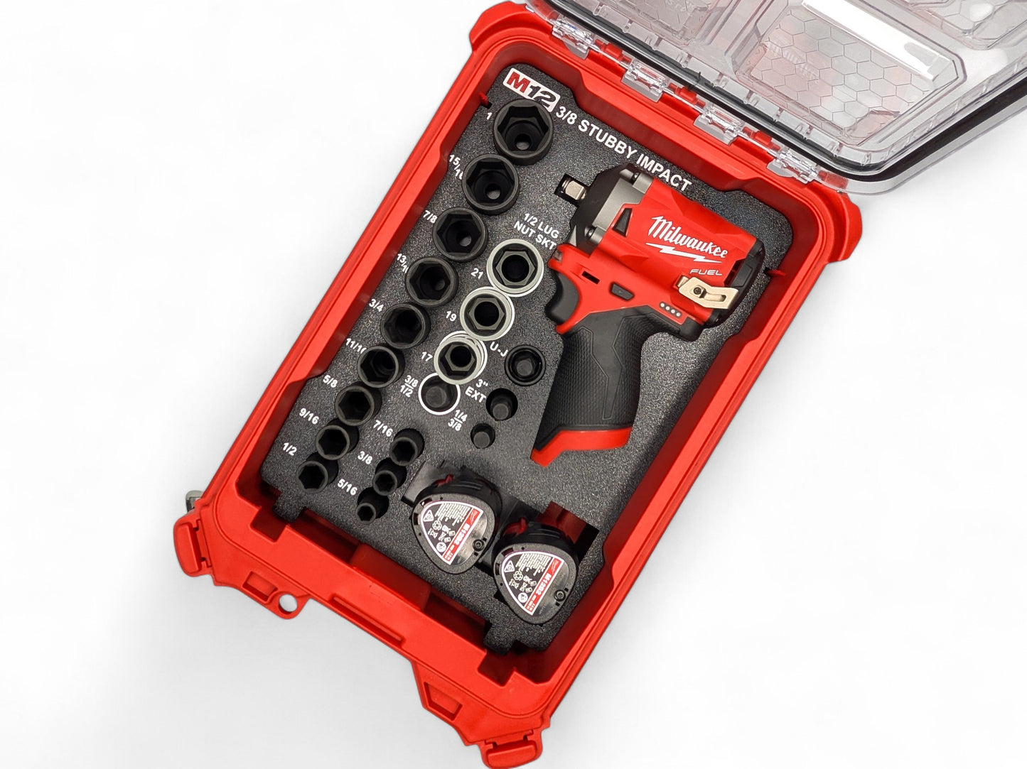 M12 3/8 Stubby Impact Wrench (Gen 2)/12PC Deep SAE Socket Set + 1/2 3PC Lug Nut Socket Insert