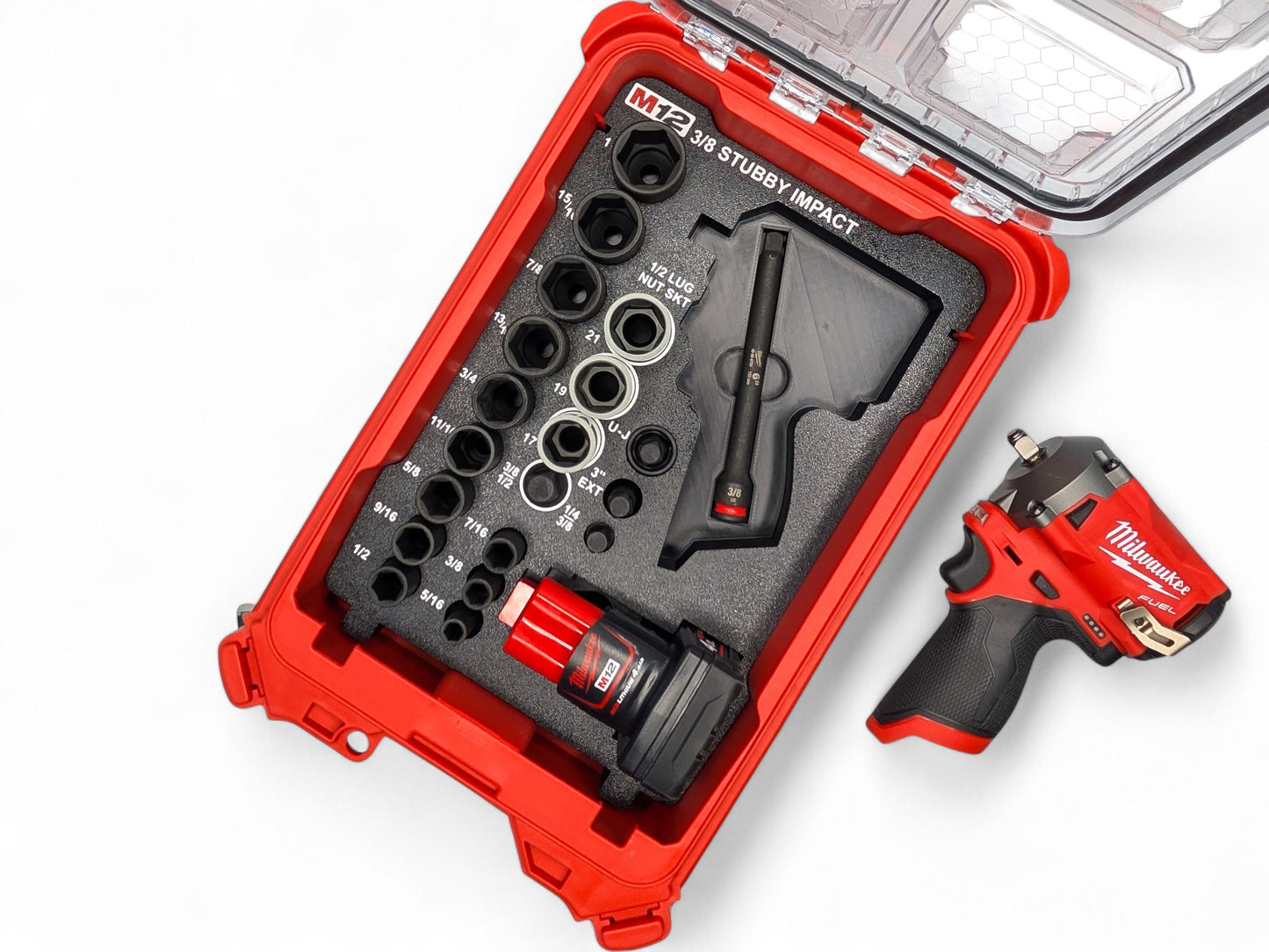 M12 3/8 Stubby Impact Wrench (Gen 2)/12PC Deep SAE Socket Set + 1/2 3PC Lug Nut Socket Insert