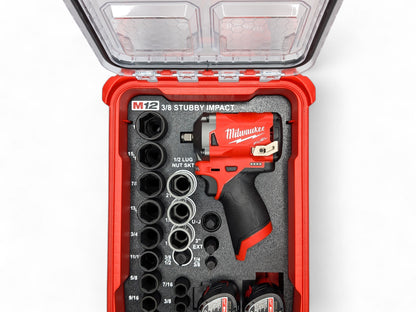 M12 3/8 Stubby Impact Wrench (Gen 2)/12PC Deep SAE Socket Set + 1/2 3PC Lug Nut Socket Insert