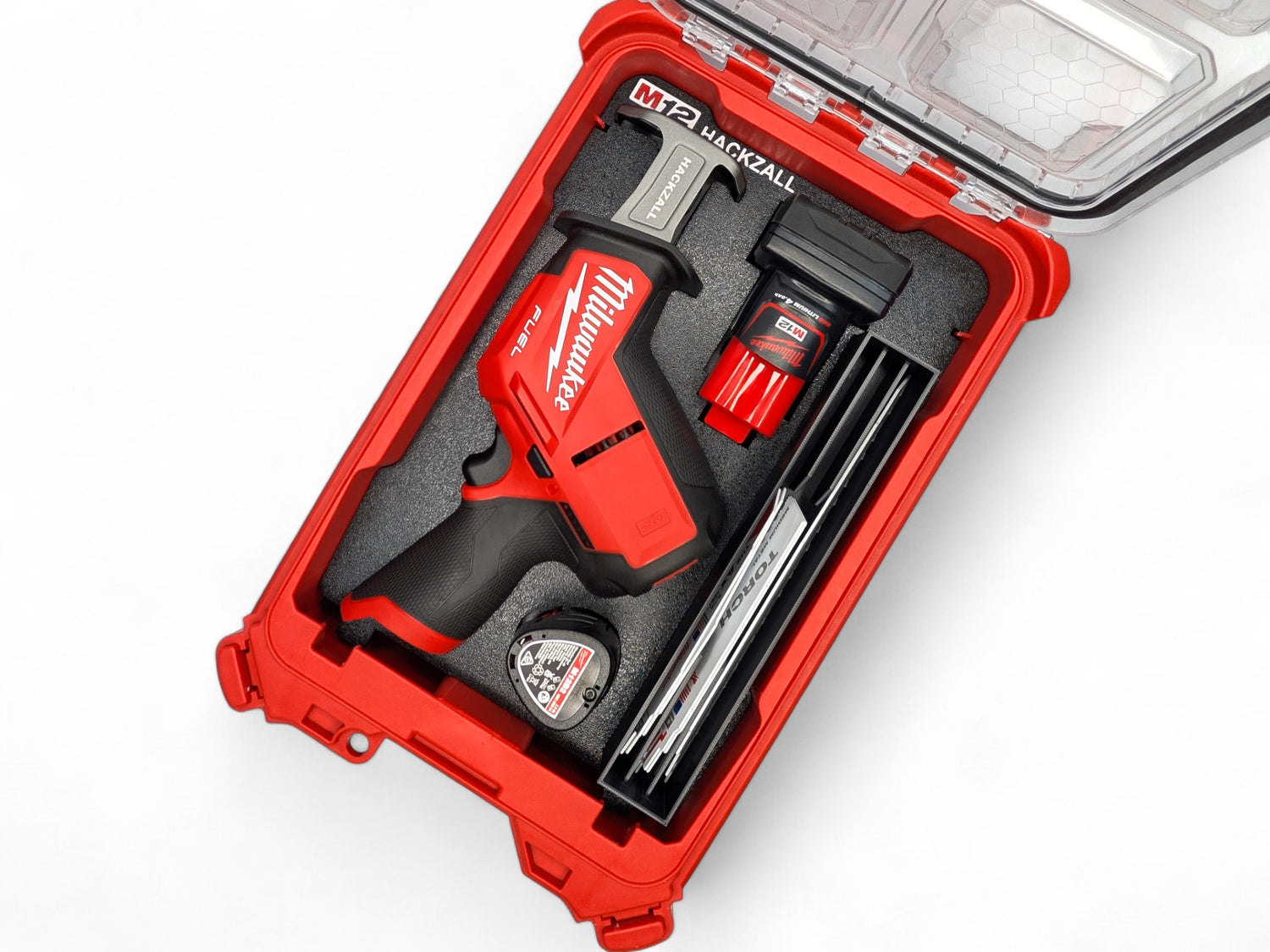 Red Milwaukee power tool in a clear case on a white background