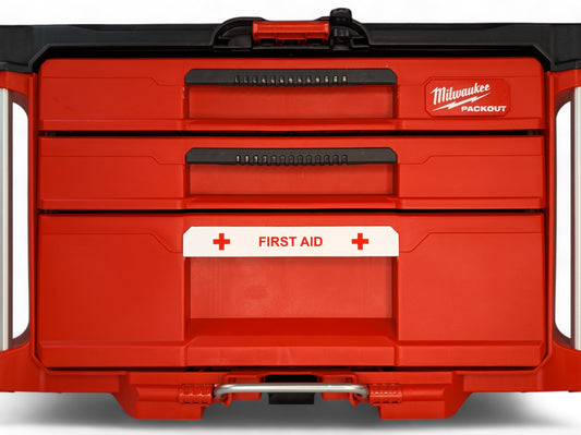 Milwaukee Packout WIDE First Aid Drawer Label Red and White