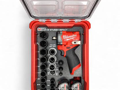 M12 3/8 Stubby Impact Wrench (Gen 3)/12PC Deep SAE Socket Set + 1/2 3PC Lug Nut Socket Insert