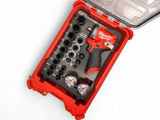 M12 3/8 Stubby Impact Wrench (Gen 3)/12PC Deep SAE Socket Set + 1/2 3PC Lug Nut Socket Insert