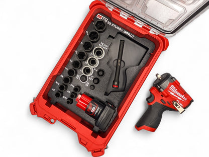 M12 3/8 Stubby Impact Wrench (Gen 3)/12PC Deep SAE Socket Set + 1/2 3PC Lug Nut Socket Insert