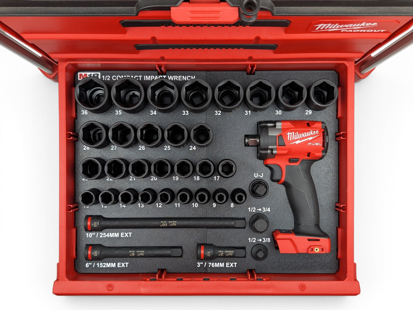 Milwaukee Packout M18 1/2 Compact Impact Wrench + 1/2 Metric Deep Socket Set Insert