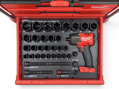 Milwaukee Packout M18 1/2 Mid-Torque Impact Wrench + 1/2 Metric Deep Socket Set Insert