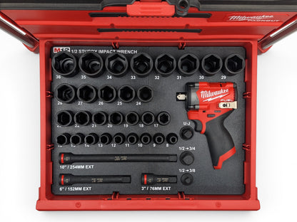 Milwaukee Packout M12 1/2 Stubby Impact Wrench (Gen3) + 1/2 Metric Deep Socket Set Insert